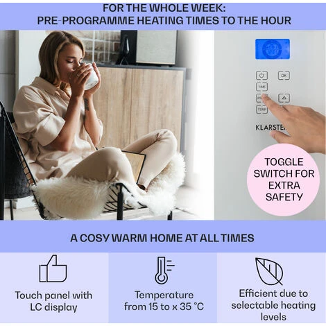 Klarstein Norderney Convection Heater Thermostat Timer 1000W 20m² White - Image 3