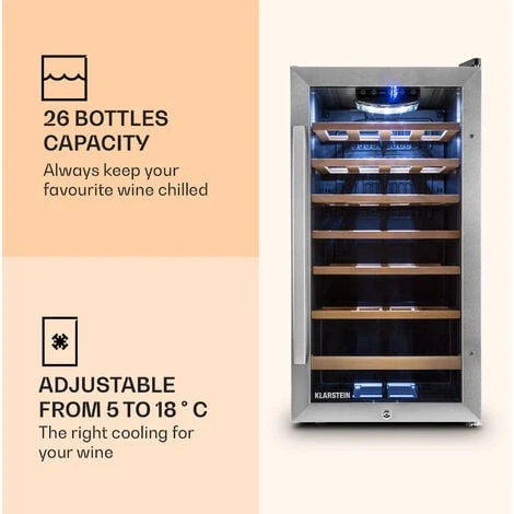 Klarstein Vinamour 26 Uno Wine Refrigerator 26 Bottles 88 Litres Stainless Steel LED - Image 3