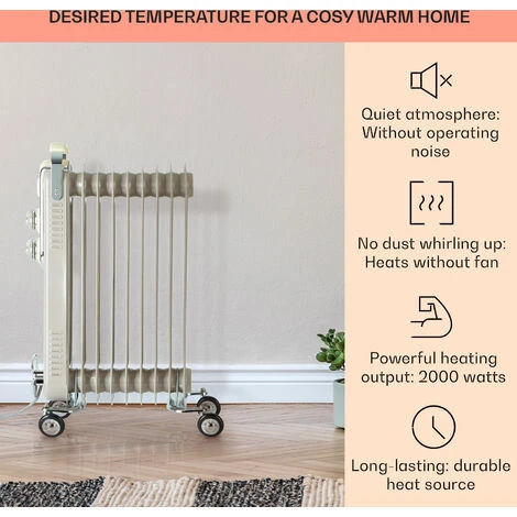 Klarstein Thermaxx Retroheat Oil Radiator 2000W Floor Rollers Taupe - Image 2