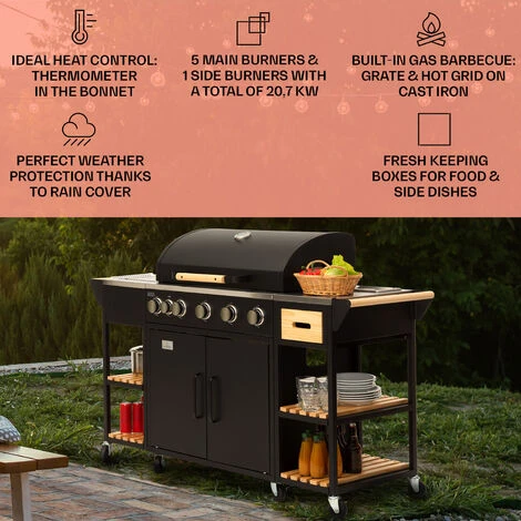 Klarstein Jersey Outdoor Kitchen Gas Barbecue 20.7 KW 5+1 Burners Mobile Rain Protection - Image 2
