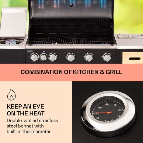 Klarstein Jersey Outdoor Kitchen Gas Barbecue 20.7 KW 5+1 Burners Mobile Rain Protection - Image 3